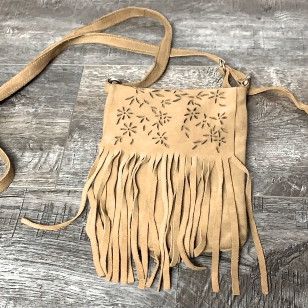 THE LIMITED Fringe Suede Crossbody, Genuine Leather, Laser-Cut Floral, Tan, EUC